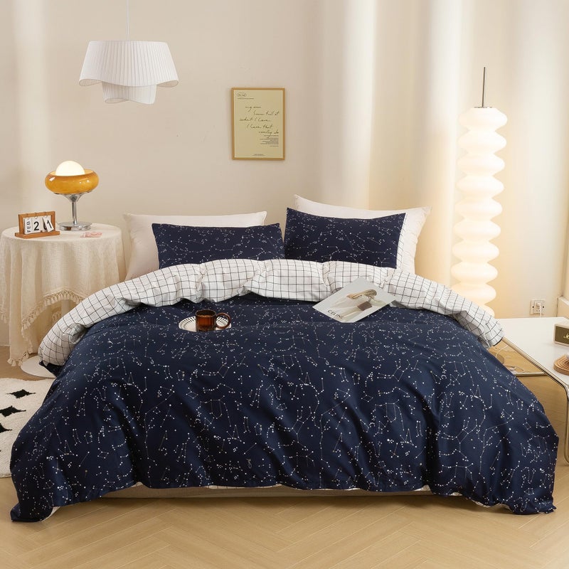 ECOCOTT Duvet Cover King, 3 Pieces 100% Natural Cotton 1 Duvet Cover +2 Pillowcases Bedding Set,Navy and Cosmic Constellation Reversible Printed Pattern Breathable and Durable Duvet Cover King Size - Image 1